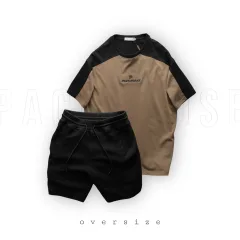 Bộ nam áo thun oversize cổ tròn thêu chữ Pack Horse và quần short thun viền sọc