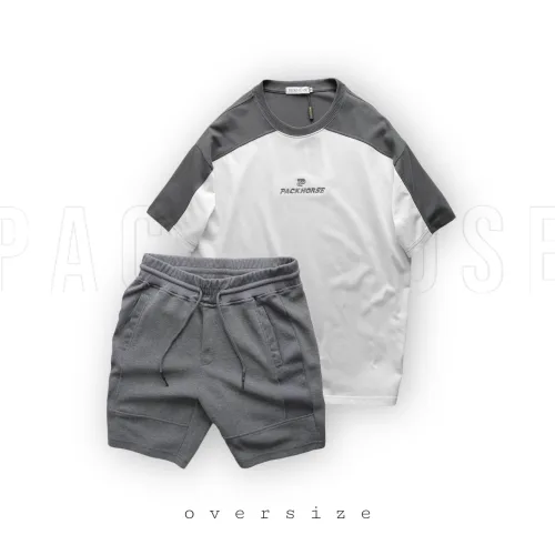 Bộ nam áo thun oversize cổ tròn thêu chữ Pack Horse và quần short thun viền sọc