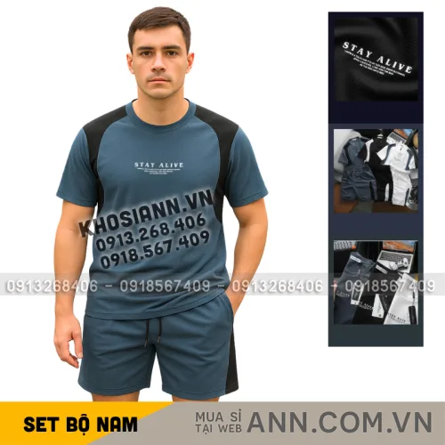 Nguồn hàng sỉ set Bộ Nam - Set Bộ Áo Thun Nam Cổ Tròn In Chữ Trước Ngực & Quần Short Phối Sọc Màu Cao Cấp Bigsize