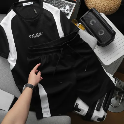 Nguồn hàng sỉ set Bộ Nam - Set Bộ Áo Thun Nam Cổ Tròn In Chữ Trước Ngực & Quần Short Phối Sọc Màu Cao Cấp Bigsize