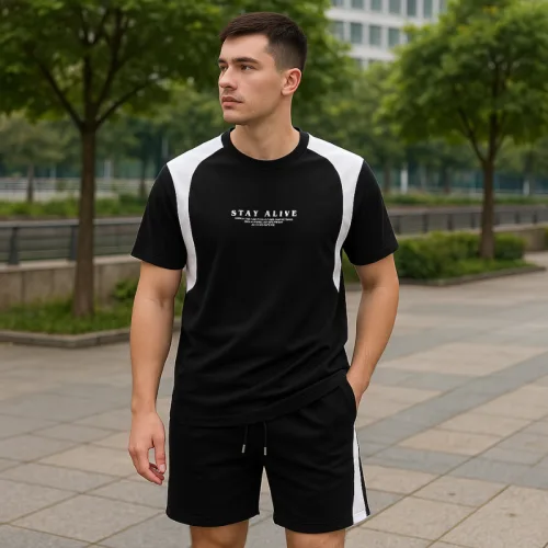 Nguồn hàng sỉ set Bộ Nam - Set Bộ Áo Thun Nam Cổ Tròn In Chữ Trước Ngực & Quần Short Phối Sọc Màu Cao Cấp Bigsize