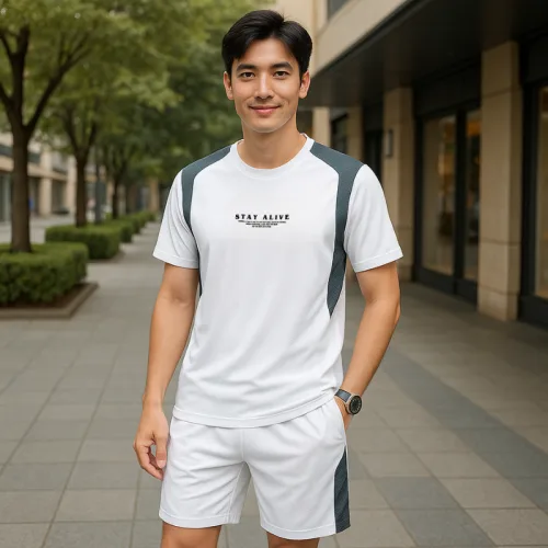 Nguồn hàng sỉ set Bộ Nam - Set Bộ Áo Thun Nam Cổ Tròn In Chữ Trước Ngực & Quần Short Phối Sọc Màu Cao Cấp Bigsize