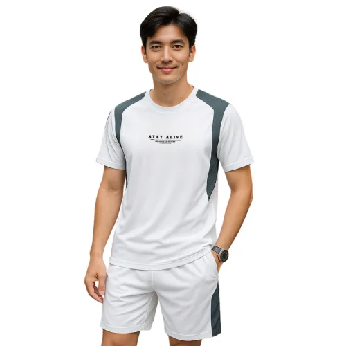 Nguồn hàng sỉ set Bộ Nam - Set Bộ Áo Thun Nam Cổ Tròn In Chữ Trước Ngực & Quần Short Phối Sọc Màu Cao Cấp Bigsize
