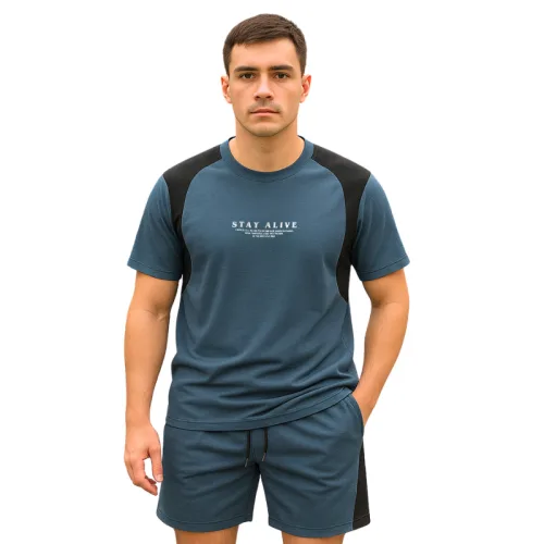 Nguồn hàng sỉ set Bộ Nam - Set Bộ Áo Thun Nam Cổ Tròn In Chữ Trước Ngực & Quần Short Phối Sọc Màu Cao Cấp Bigsize