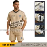 Bộ nam Bigsize: áo thun in logo trước ngực cổ tròn và quần short phối sọc đen