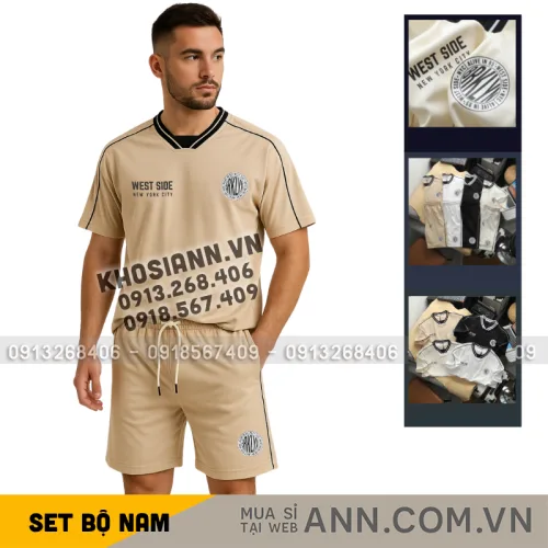 Bộ nam Bigsize: áo thun in logo trước ngực cổ tròn và quần short phối sọc đen