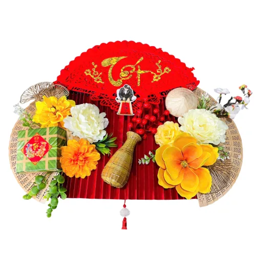 Bộ mành tre giấy đỏ, mẹt tre treo tường, phên tre Tết có dây treo, quạt ráp sẵn