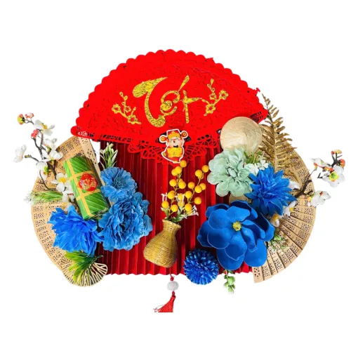 Bộ mành tre giấy đỏ, mẹt tre treo tường, phên tre Tết có dây treo, quạt ráp sẵn