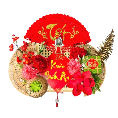 Bộ mành tre giấy đỏ, mẹt tre treo tường, phên tre Tết có dây treo, quạt ráp sẵn