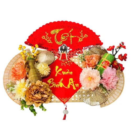 Bộ mành tre giấy đỏ, mẹt tre treo tường, phên tre Tết có dây treo, quạt ráp sẵn