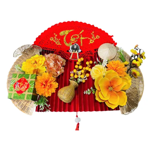 Bộ mành tre giấy đỏ, mẹt tre treo tường, phên tre Tết có dây treo, quạt ráp sẵn