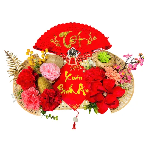 Bộ mành tre giấy đỏ, mẹt tre treo tường, phên tre Tết có dây treo, quạt ráp sẵn