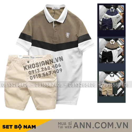 Bộ nam Polo ba màu thêu logo ngực kèm quần short kaki