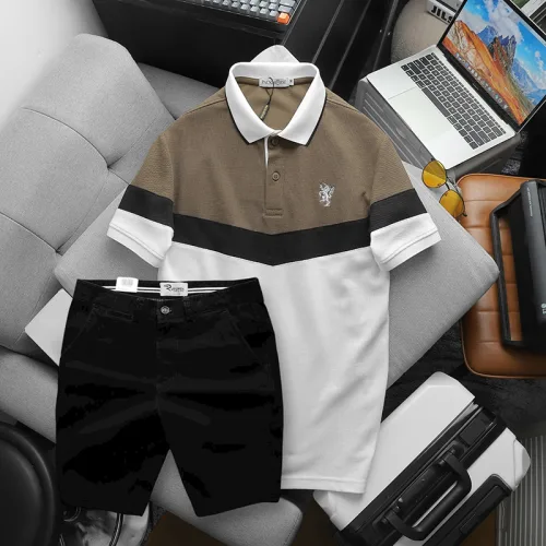 Bộ nam Polo ba màu thêu logo ngực kèm quần short kaki