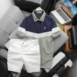 Bộ nam Polo ba màu thêu logo ngực kèm quần short kaki