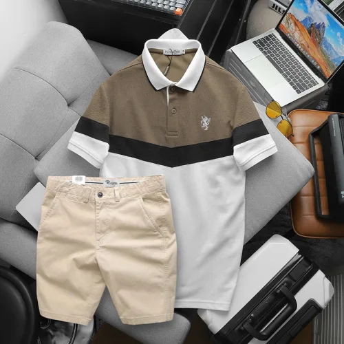 Bộ nam Polo ba màu thêu logo ngực kèm quần short kaki