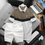 Bộ nam Polo ba màu thêu logo ngực kèm quần short kaki