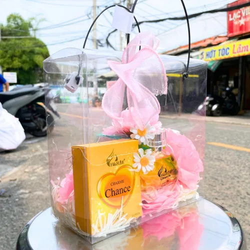 Shop sỉ set Quà Tặng Nước Hoa Nữ Charme Chance 30ml - Túi Trong Vuông Có Đèn Đom Đóm Lót Giấy Rơm Thắt Nơ Xinh Xắn Nhiều Màu