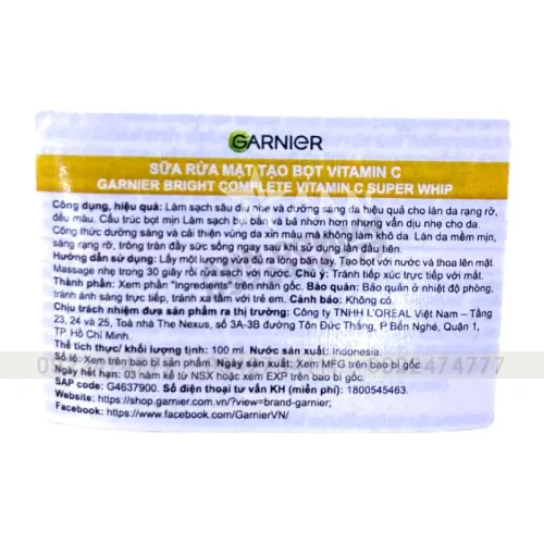 Sữa rửa mặt sạch sâu Garnier Bright Complete Vitamin C Super Whip 100ml