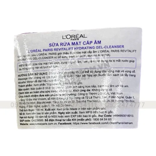 Sữa rửa mặt cấp ẩm Loreal Paris Revitalift Hyaluronic Acid 100ml