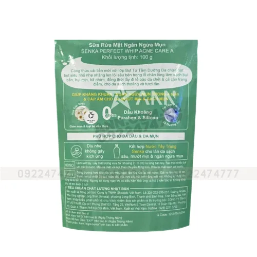 Senka Perfect Whip màu xanh ngọc, sữa rửa mặt giảm mụn 100g