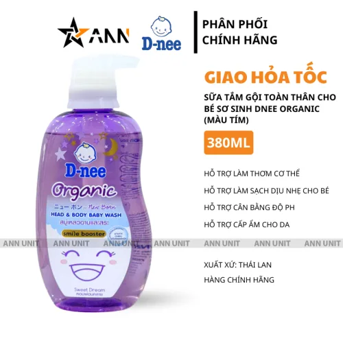 Dnee Organic màu tím, sữa tắm gội toàn thân cho bé sơ sinh 380ml