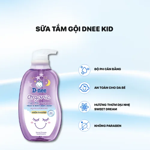 Dnee Organic màu tím, sữa tắm gội toàn thân cho bé sơ sinh 380ml