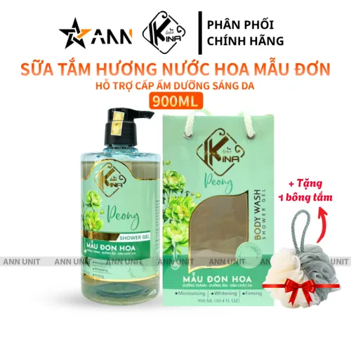 Sữa tắm Kina hương nước hoa mẫu đơn 900ml, tặng kèm 1 bông tắm