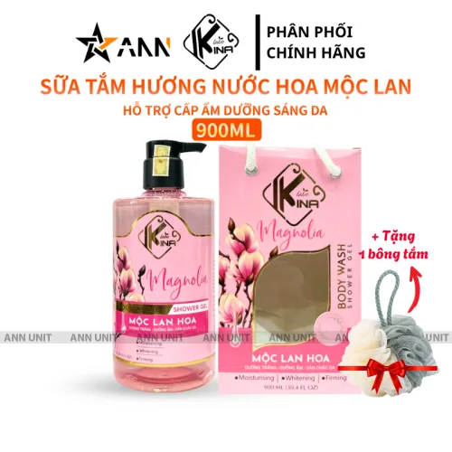 Nguồn hàng sỉ sữa Tắm Kina Hương Nước Hoa Mộc Lan 900ml - Hỗ Trợ Cấp Ẩm Dưỡng Sáng Da Mịn Màng - Tặng Kèm 1 Bông Tắm