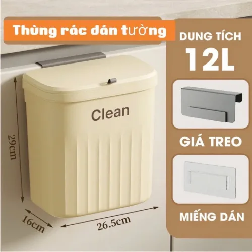 Thùng rác 12L treo cánh tủ bếp hoặc dán tường, kích thước 16x26.5x29cm