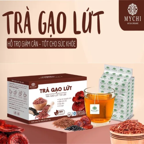 Trà gạo lứt Mychi hộp 120g gồm 20 túi lọc, mỗi túi 6g