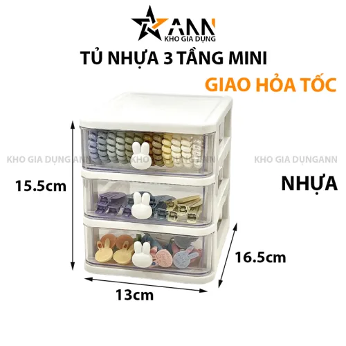 Tủ nhựa đựng mỹ phẩm, phụ kiện mini 3 tầng tay cầm thỏ để bàn 15.5x13x16.5cm