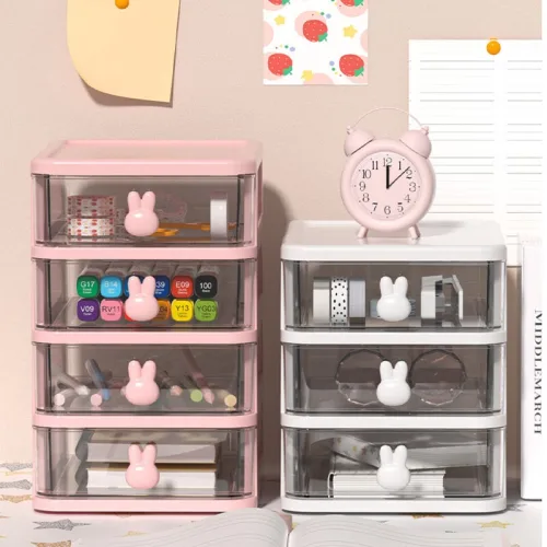 Tủ nhựa đựng mỹ phẩm, phụ kiện mini 3 tầng tay cầm thỏ để bàn 15.5x13x16.5cm