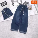Váy jeans nữ dáng suông dài túi kiểu, vải dày mềm không co giãn