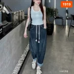 Váy jeans nữ dáng suông dài túi kiểu, vải dày mềm không co giãn