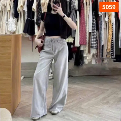 Váy jeans nữ dáng suông dài túi kiểu, vải dày mềm không co giãn