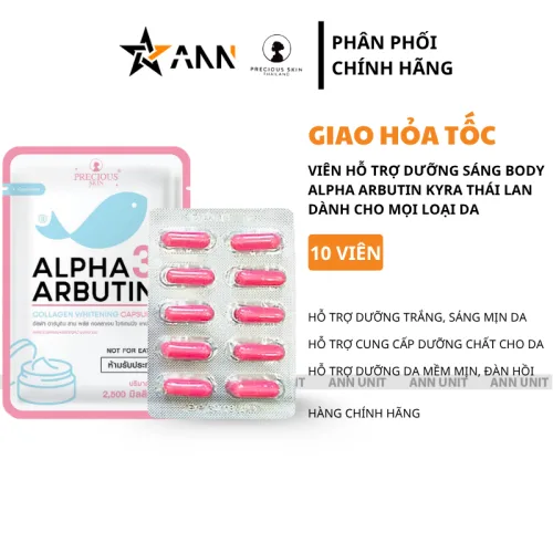 Bột kích trắng body dạng viên Con Cá Alpha Arbutin 3 Plus+ Thái Lan, túi 10 viên