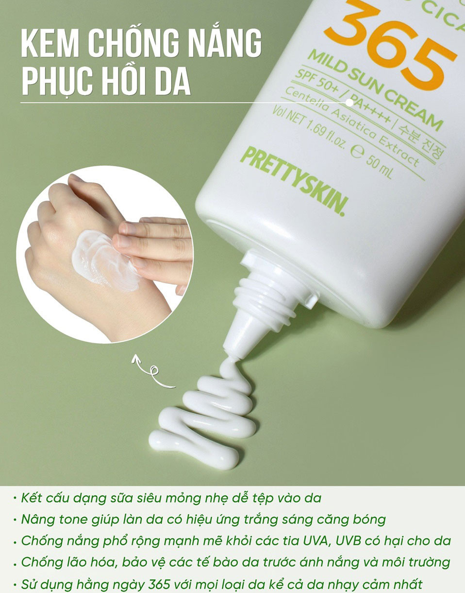 kem chống nắng rau má Pretty Skin The Pure Jeju Cica 365 Mild Sun Cream