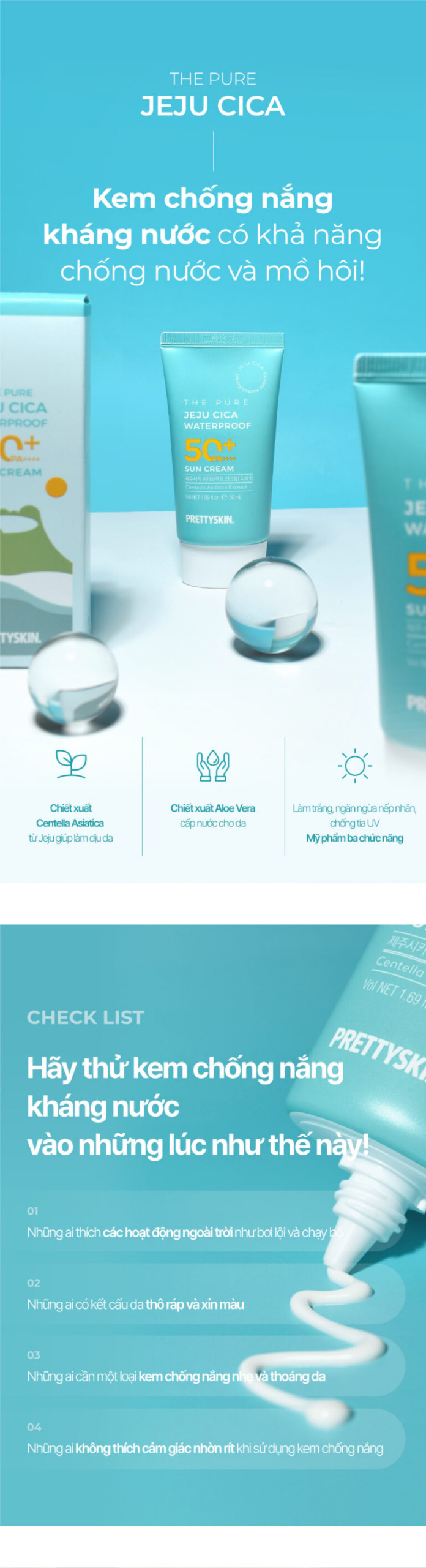 KEM CHỐNG NẮNG KHÁNG NƯỚC LÂU TRÔI PRETTYSKIN THE PURE JEJU CICA WATERPROOF SUN CREAM