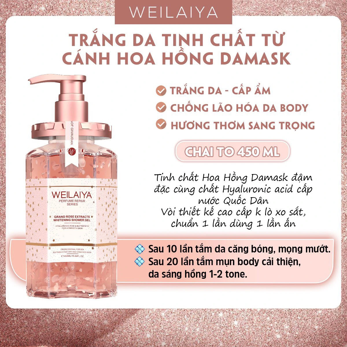 Sữa tắm trắng da Weilaiya hoa hồng Damask chứa chiết xuất nguyên chất từ hoa hồng Damask Burgari