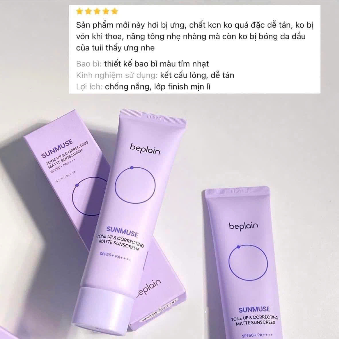 Kem Chống Nắng Thuần Chay Nâng Tone, Kiềm Dầu, Dưỡng Ẩm Beplain Sunmuse Sunscreen SPF50+/PA+++ 50ml tím nhạt