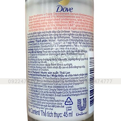Lăn Khử Mùi Dove 3% niacinamide +10x Vitamin C&E 45ml Giúp Mờ Thâm Thu Nhỏ Lỗ Chân Lông