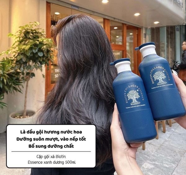 Cặp Gội Xả Phục Hồi Siêu Cấp Biotin Collagen Essence 500ml màu xanh