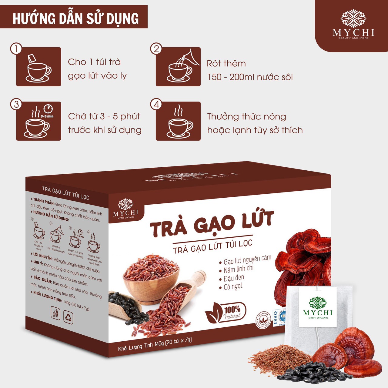 Trà Giảm Cân Gạo Lứt nấm linh chi đỏ Mychi 120g Hộp 20 Túi