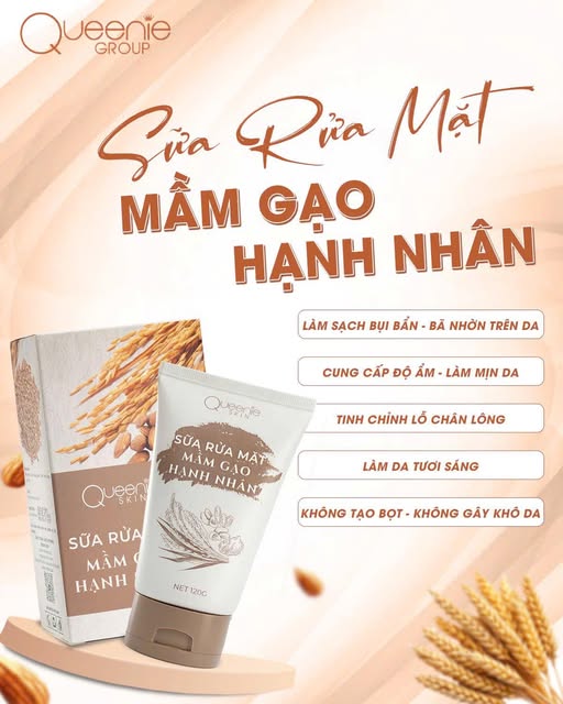Sữa rửa mặt mầm gạo Queenie Skin giúp loại bỏ các loại bụi bẩn trên da mặt và giữ ẩm cho làn da