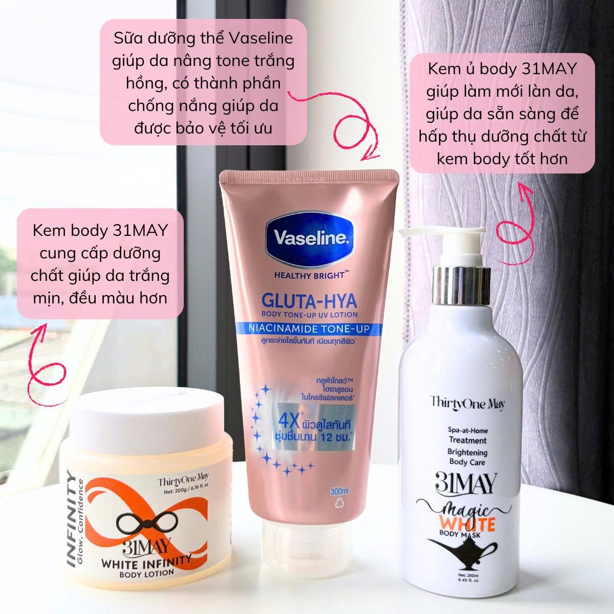 Bộ 3 Giúp Body Sáng Mịn Nhanh: Ủ Trắng 31MAY + Kem Body 31MAY + Dưỡng Thể Vaseline (có thành phần chống nắng, hỗ trợ bảo vệ da)