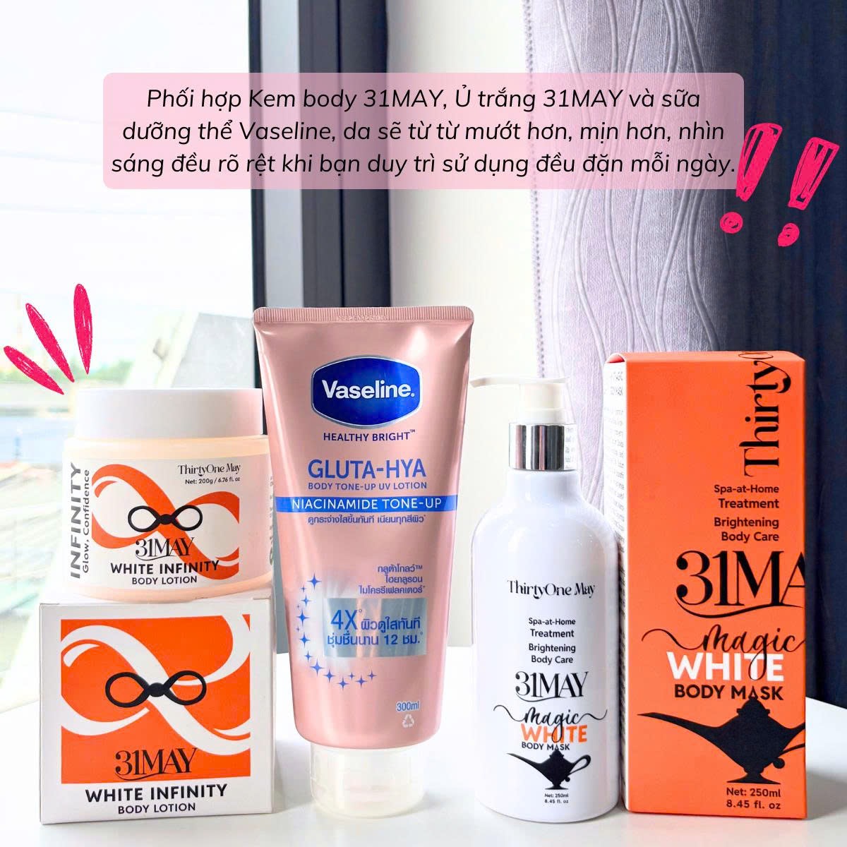 Bộ 3 Giúp Body Sáng Mịn Nhanh: Ủ Trắng 31MAY + Kem Body 31MAY + Dưỡng Thể Vaseline (có thành phần chống nắng, hỗ trợ bảo vệ da)