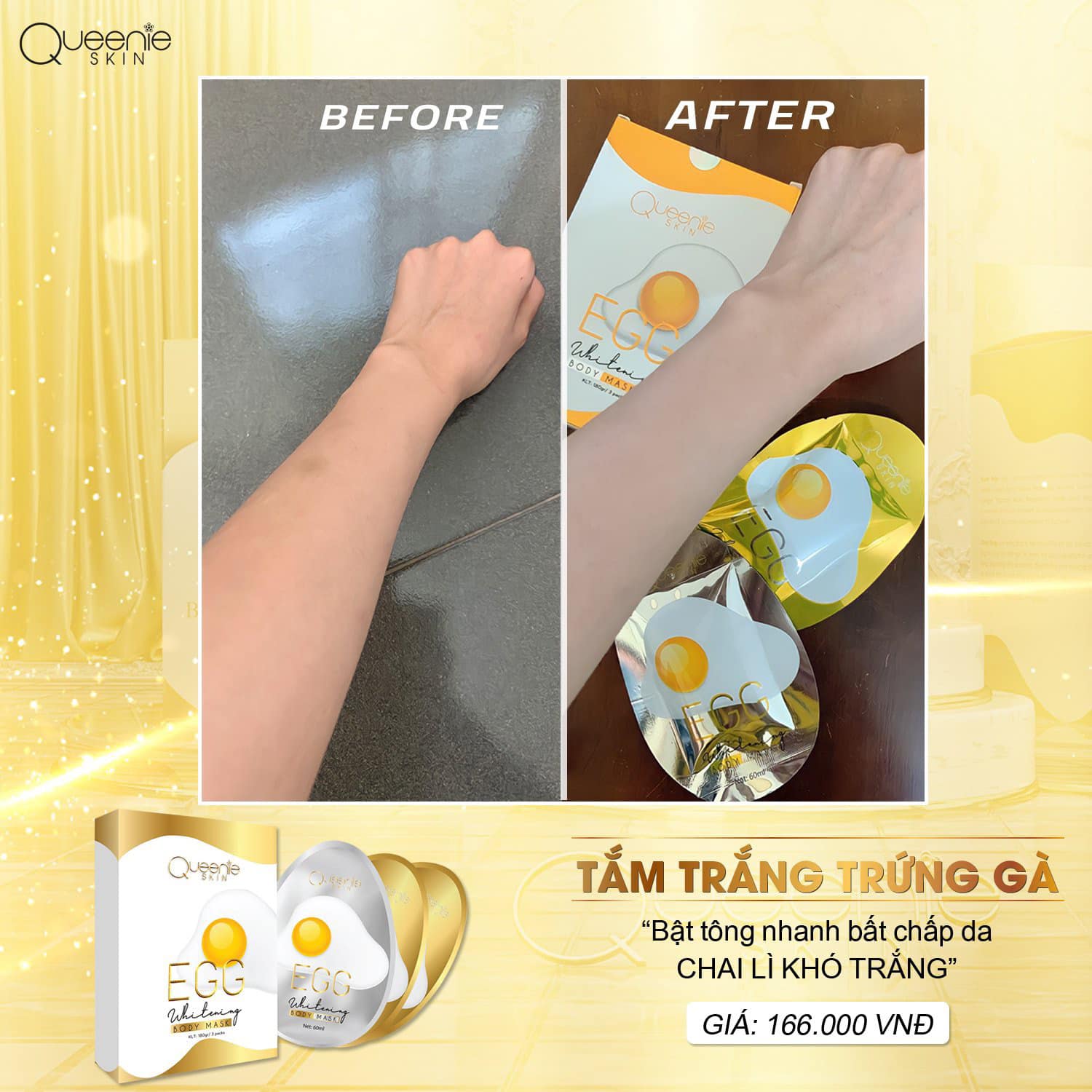 Set tắm trắng trứng QUEENIE SKIN tắm đến đâu trắng đến đó