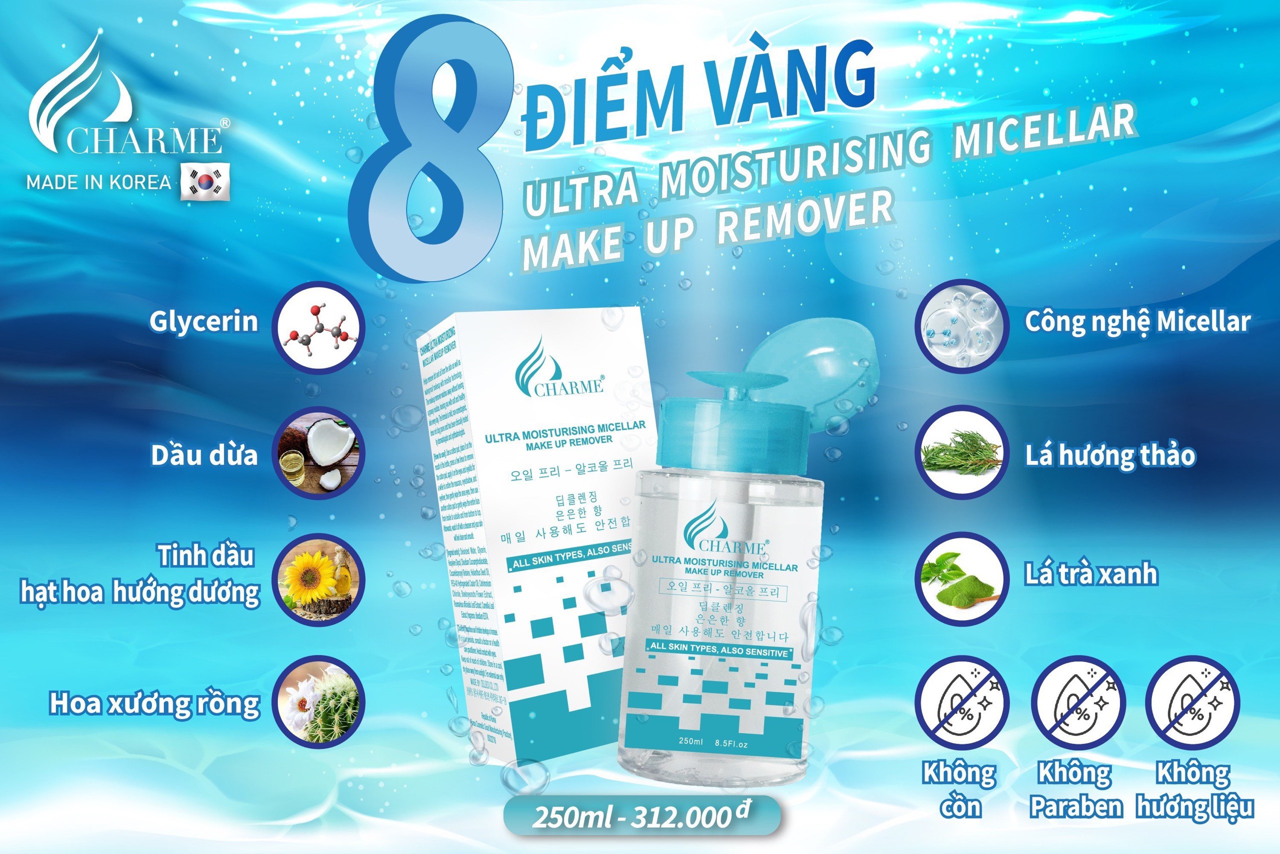 Tân trang làn da với tẩy trang Charme dưỡng da thế hệ mới với 8 điểm vàng