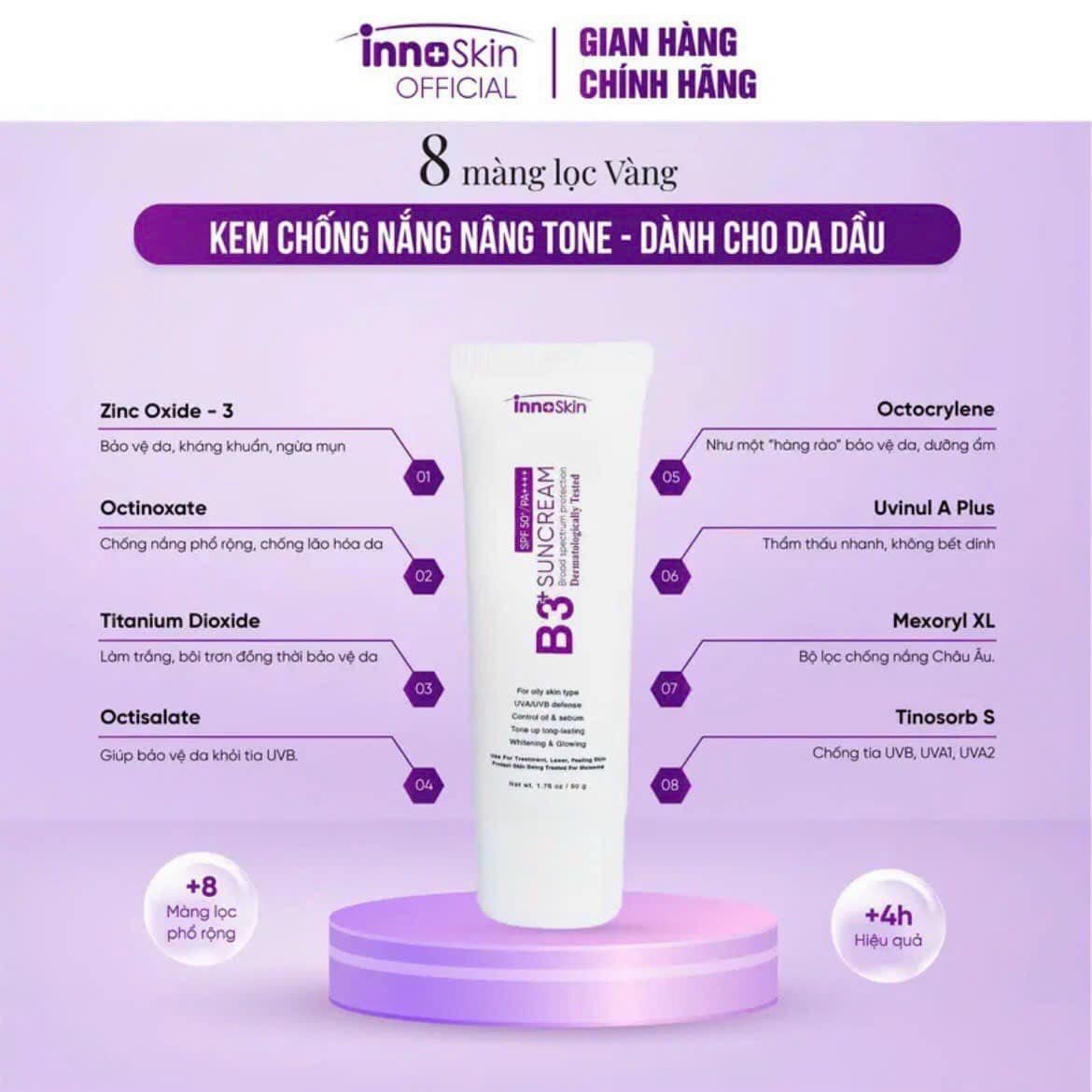 Chống Nắng Phổ Rộng nâng tone Innoskin B3 Tím Suncream SPF50+ PA++++ 50ml dành cho da dầu mụn